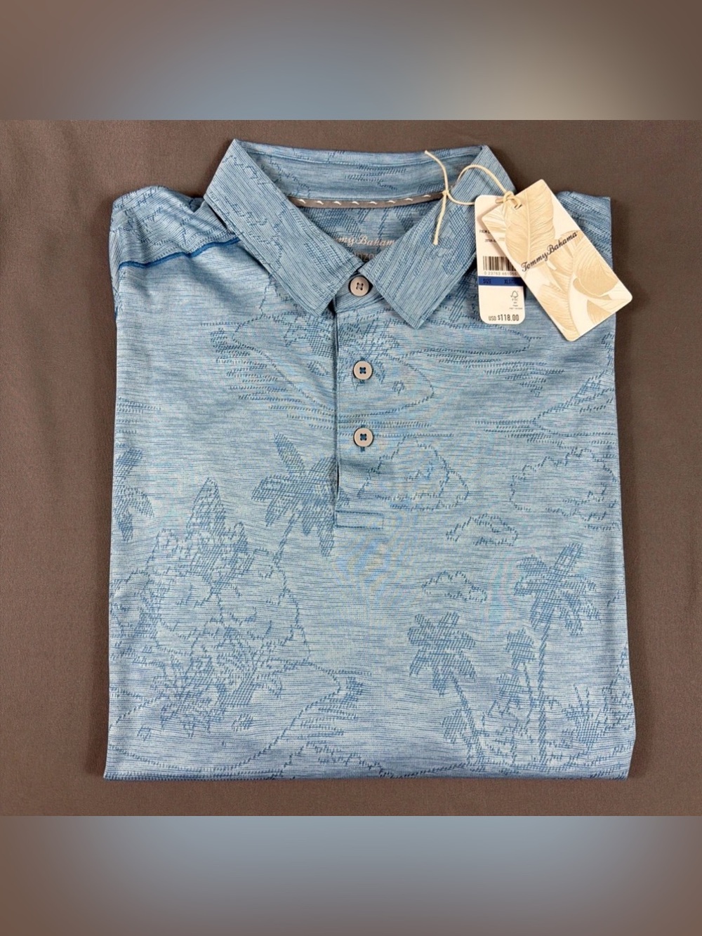 Tommy Bahama Golf Shirt Polo Palm Coast Isle Print XLT Blue Polyester MSRP $118